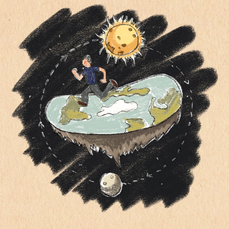 "run round the world" / detail ilustrace do časopisu Fokusoviny / zobrazení heliocentrické (sluncestředné) teorie přenesené jako přirovnání reformy psychiatrické péče
